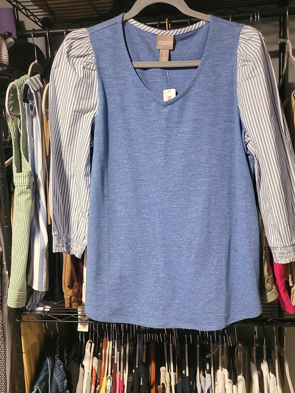 Chico's Blue V-Neck Layered Top with Striped Puff Sleeves